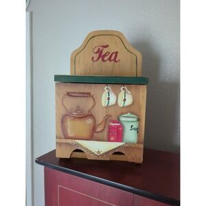 Vtg Wooden Tea Bag Dispenser Hand Painted Unique